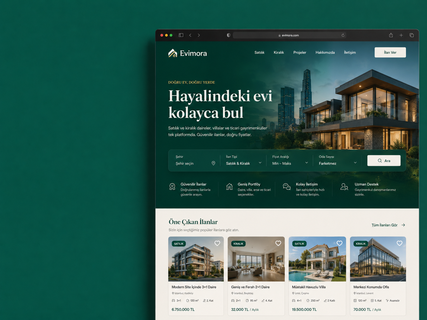 Evimora gayrimenkul web platformu - satılık ve kiralık ilan arayüz tasarımı