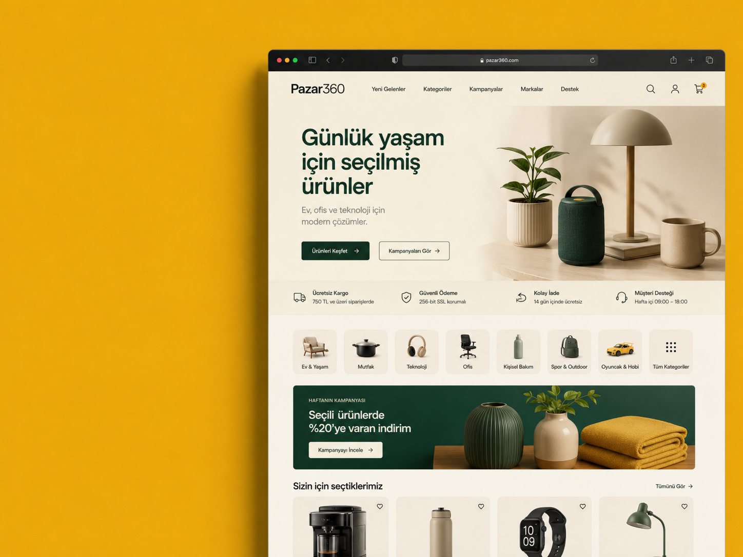 Pazar360 e-ticaret web platformu - kategori, kampanya ve ürün listeleme arayüzü