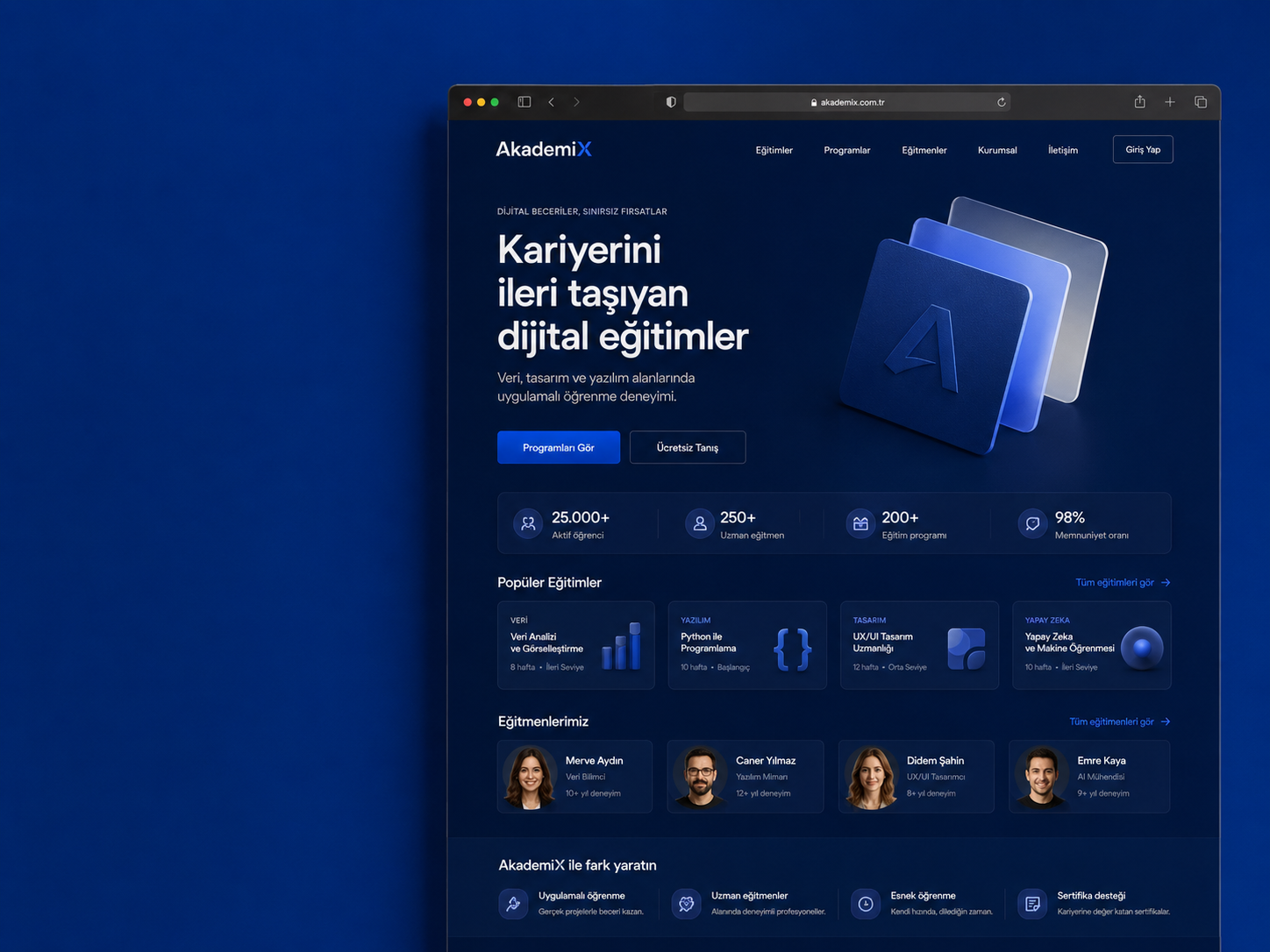 AkademiX dijital eğitim platformu - programlar, eğitmenler ve öğrenme arayüzü