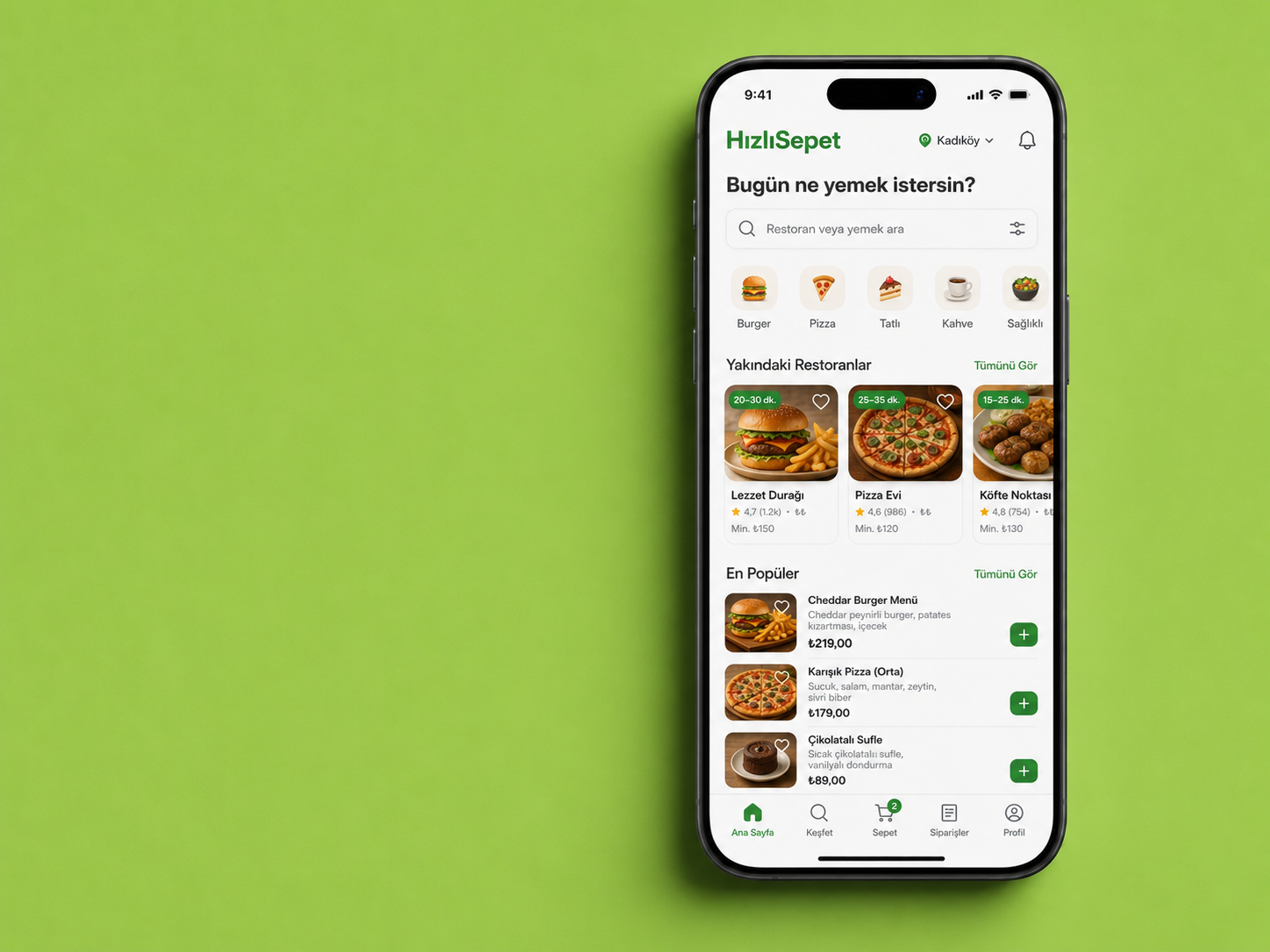 HızlıSepet yemek teslimat mobil uygulaması - restoran, ürün ve sepet arayüzü